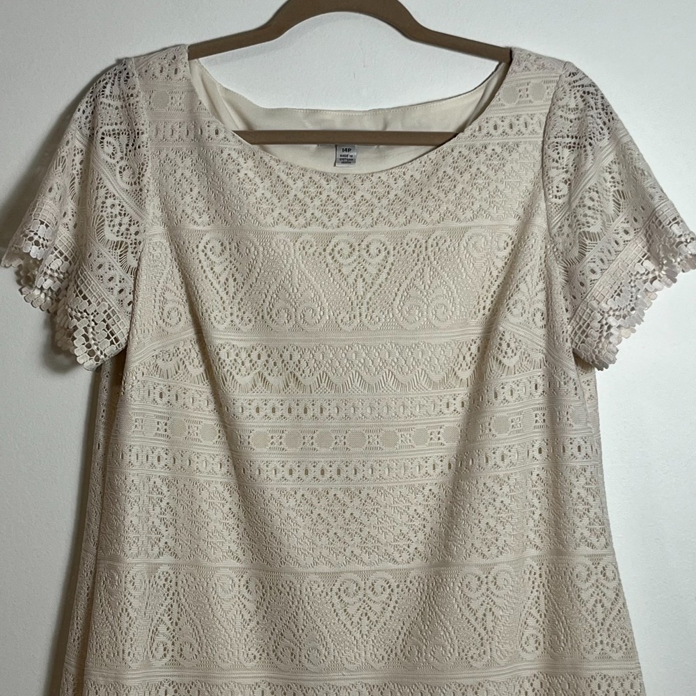 London Style Collection Lace Shift Dress 14P Ivory Vintage-Inspired Crochet Gown